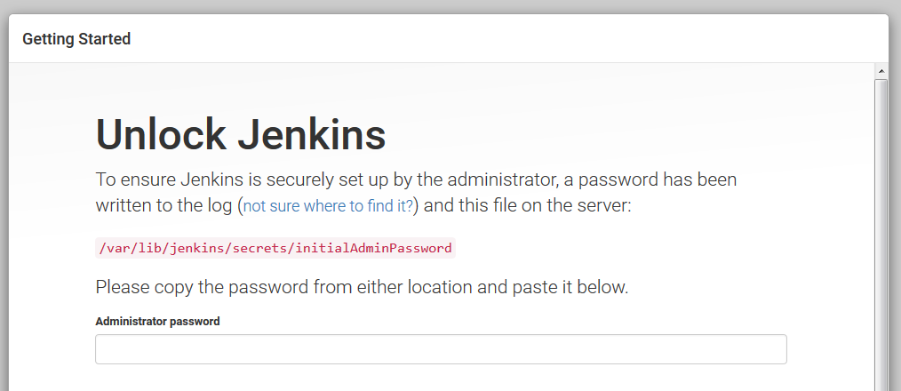 図3 Jenkinsへの初回アクセス時には「アンロック」作業が必要となる