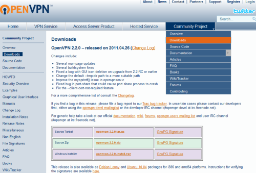 図21 OpenVPN公式Webサイトの「Community Project」－「Downloads」メニューをクリックするとWindows版インストーラへのリンクが含まれるページが表示される