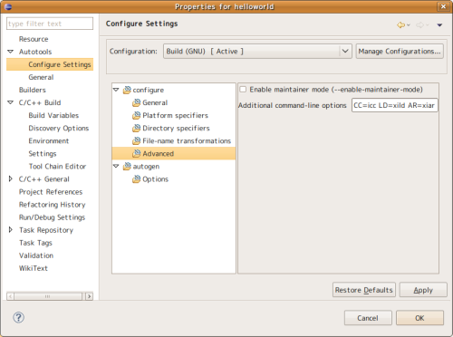 図8 Configureの設定画面「Additional commad-line options」で使用するコンパイラを指定する