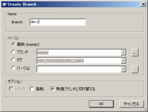 図32 「Create Branch」ダイアログでブランチ名やベースとなるブランチ/タグを指定する