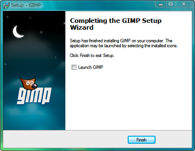 図4 「Lanuch GIMP」のチェックを外し「Finish」をクリックするとGIMPのインストールは完了する。チェックを外し忘れるとGIMPが自動的に起動するので、×ボタンで終了しておこう