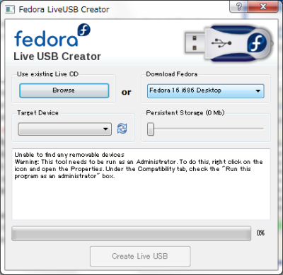 図3 FedoraのLiveUSBを作成できるFedora LiveUSB Creator