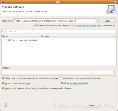 図7 「Work with」欄に「http://download.eclipse.org/technology/linuxtools/update」と入力して「Add」をクリックする