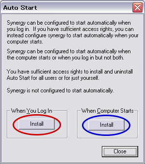 図14 自動起動を設定するウィンドウ。自分だけが Synergy を使う場合は左側の、コンピュータのユーザー全員が使う場合は右側の「Install」ボタンをクリックする