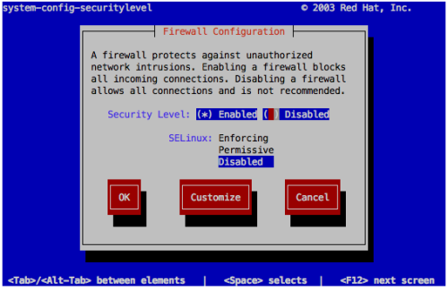 図6 system-config-securitylevel-tuiのメニュー