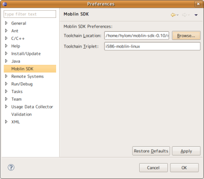 図16 Eclipseの「Preferences」ウィンドウで「Moblin SDK」の設定を行っておく。「Toolchain Location」に適切なディレクトリを設定しておこう