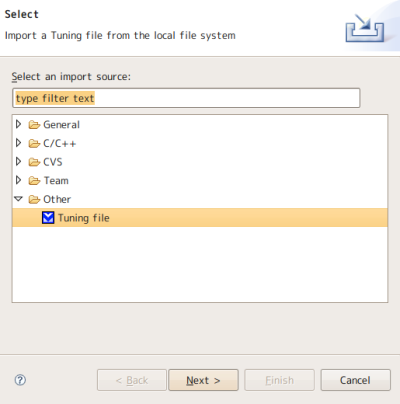 図9 「Import」ウィザードでサンプリング結果を保存したファイルを開く。「Select an import source」で「Other」−「Tuning file」を選択し、続いてチューニングファイルを選択する