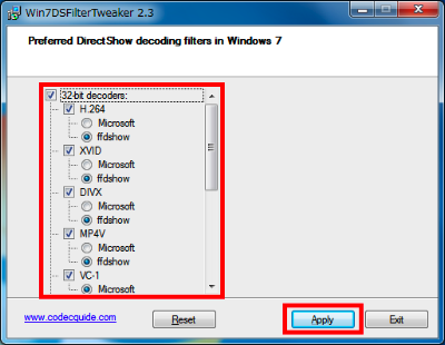 各動画/音声形式に対し、「Microsoft」を選択するとWindows付属のコーデックが、「ffdshow」を選択するとffdshowが利用されるようになる。利用するコーデックを選択し、「Apply」をクリックする