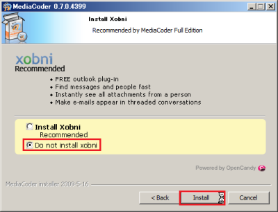 検索ツール「Xobni」のインストールがすすめられるが、「Do not install xobni」を選択して「Install」をクリック