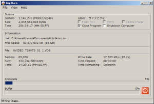 変換が完了すると同梱されているImgBurnが起動し、DVDビデオの書き込みもしくはISOイメージの作成が開始される