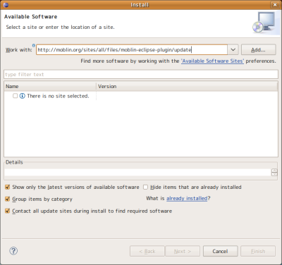 図9 「Work with」欄に「http://moblin.org/sites/all/files/moblin-eclipse-plugin/update」と入力して「Add」をクリックする