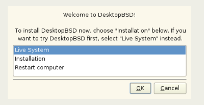 図3 「Live System」を選択すれば、ハードディスクへのインストールなしにDesktopBSDを試せる