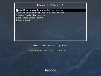 図1 Fedora 11インストーラの起動画面