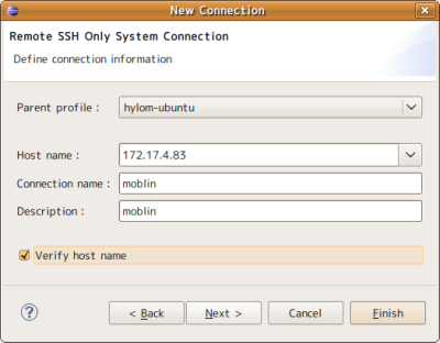 図2 「New Connestion」画面。「Host name」にデプロイ先Moblin環境のIPアドレスもしくはホスト名を入力する。「Connection name」や「Description」は任意で構わない