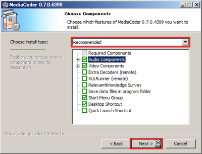 インストールするコンポーネントを指定する。「Recommended（推奨）」のまま「Next」をクリック
